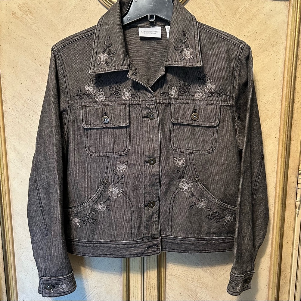 Liz Claiborne Lizwear Jeans Gray Floral Embroidered Denim Jacket Medium
